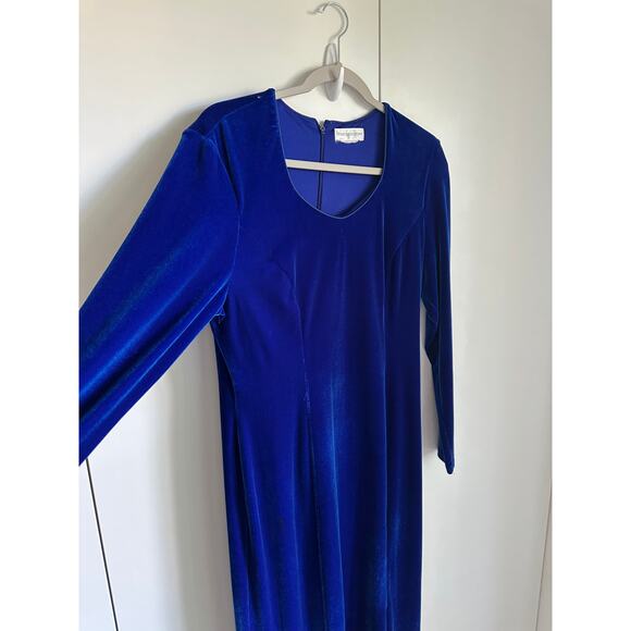 Vintage 90s Velvet Maxi Dress Womens Size Large Fitted Blue Velvet Long Sleeve - Picture 2 of 8